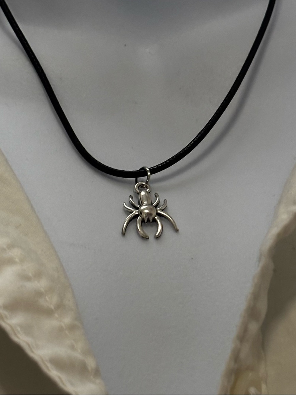 Silver Spider Pendant on Black Cord Necklace - Women's Jewelry